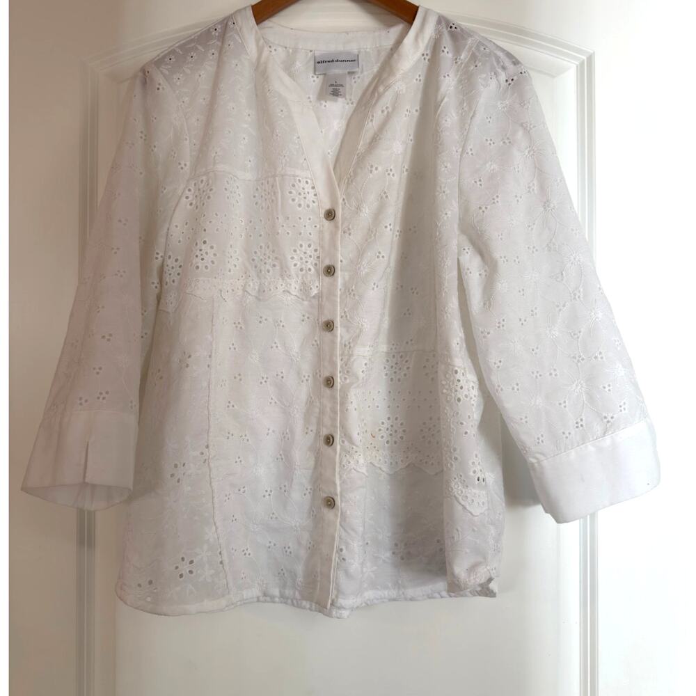 Alfred Dunner White Eyelet Embroidered Button Front Top 3/4 Sleeve Blouse Large